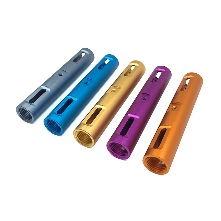 CNC machined aluminium tubes anodised in grey, blue, gold, purple and orange