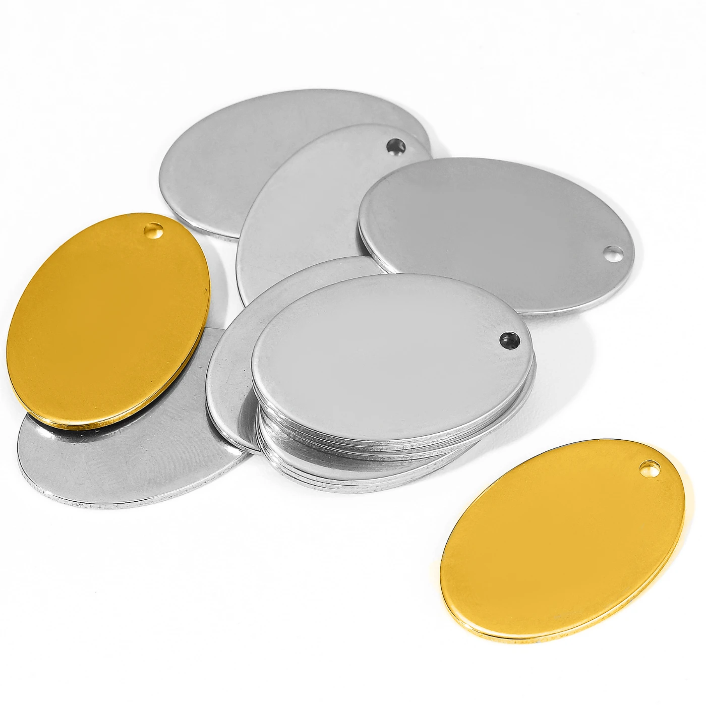 Light polished stainless steel oval tags, bright and even but not reflective