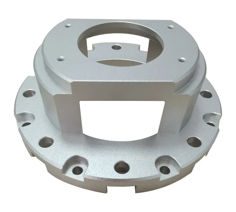 Bead-blasted, clear anodised aluminium motor mount flange with bolt circle, CNC milled by GY Machining