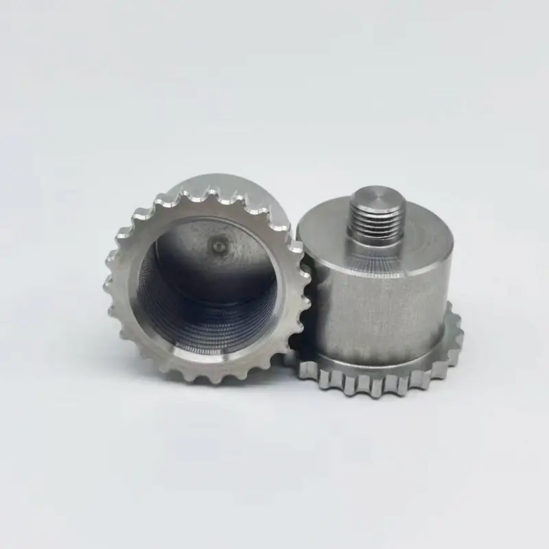CNC machined 304 stainless steel drive sprockets with a threaded bore and a threaded boss, machined by GY Machining
