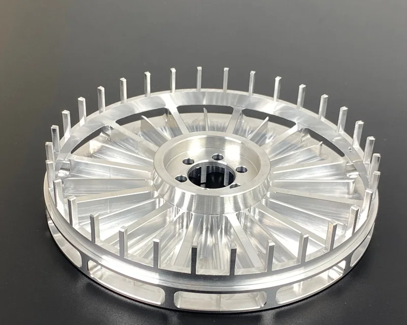 CNC machined aluminium finned rotor disc with radial cooling fins, milled and turned by GY Machining