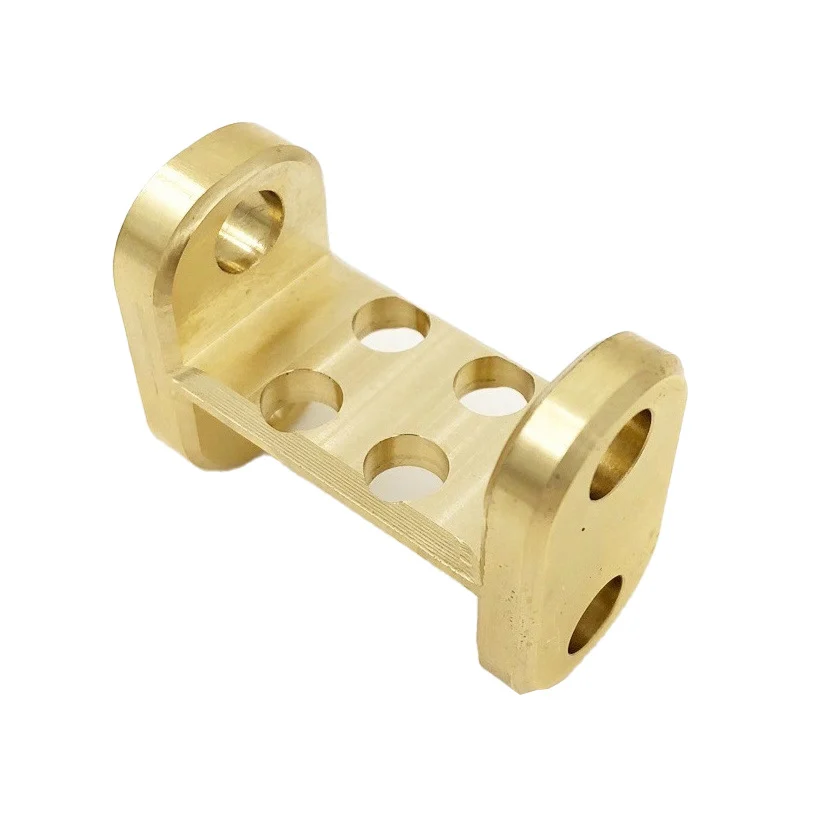 CNC machined brass frame with flanged ends and a row of through holes