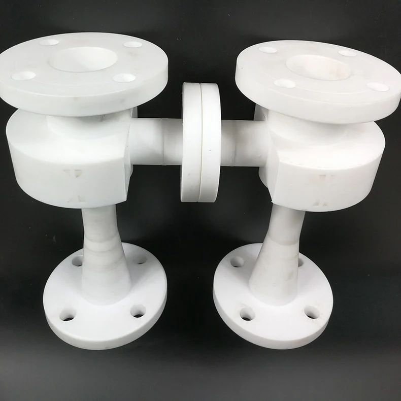 CNC machined PTFE flanged pipe fittings with bolt-hole flanges, machined at GY Machining
