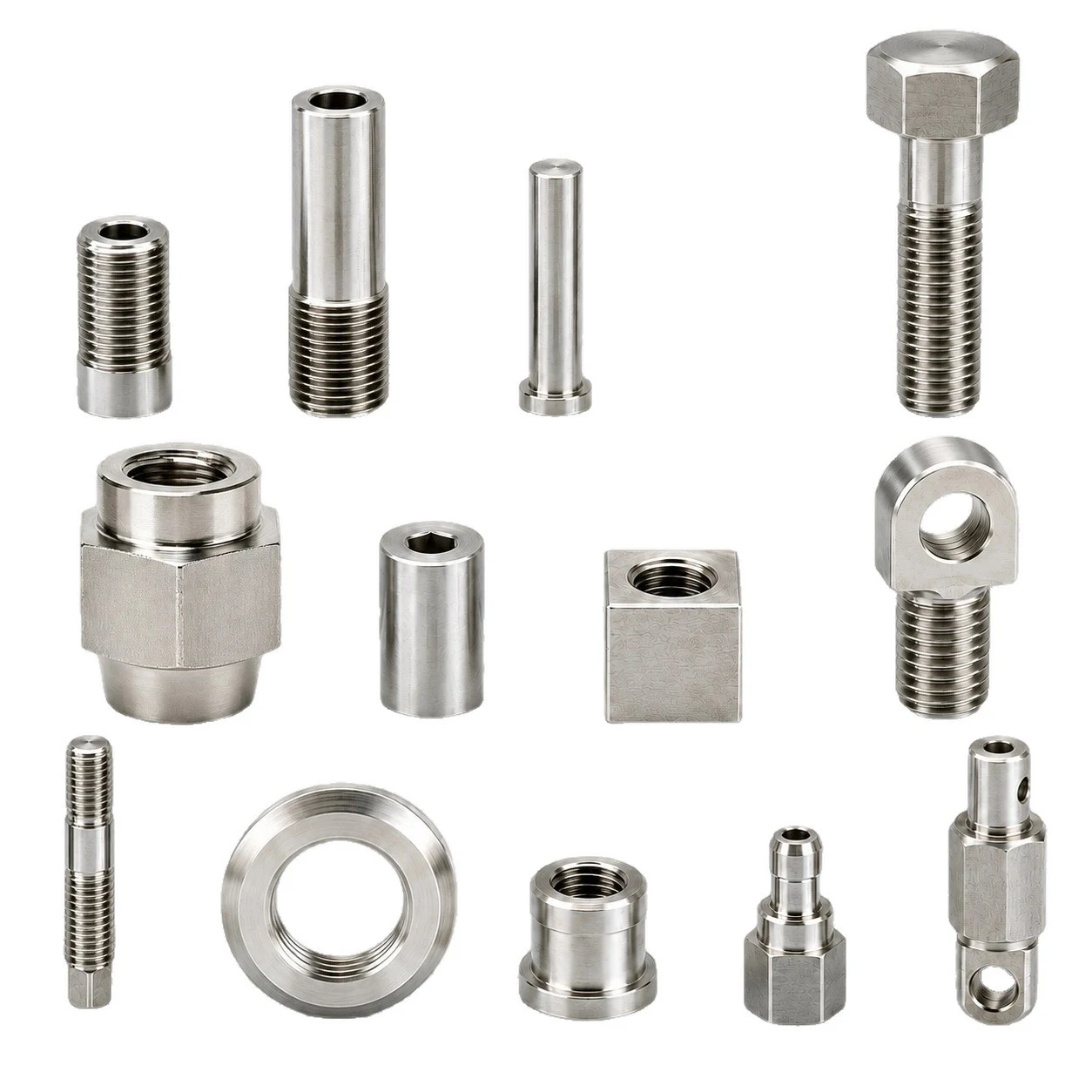 CNC machined stainless steel fittings, bushings, unions, studs and flanged bolts made by GY Machining