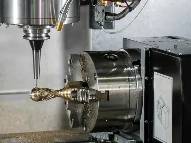 Four-axis CNC machining centre cutting a brass part at GY Machining