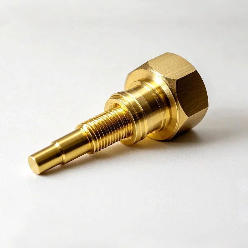 CNC turned brass hex head fitting with a cut thread and a stepped spigot
