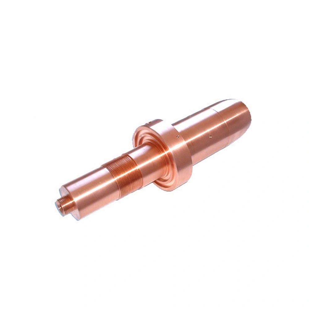 CNC turned copper electrode shaft with threaded sections and an integral flange, machined by GY Machining