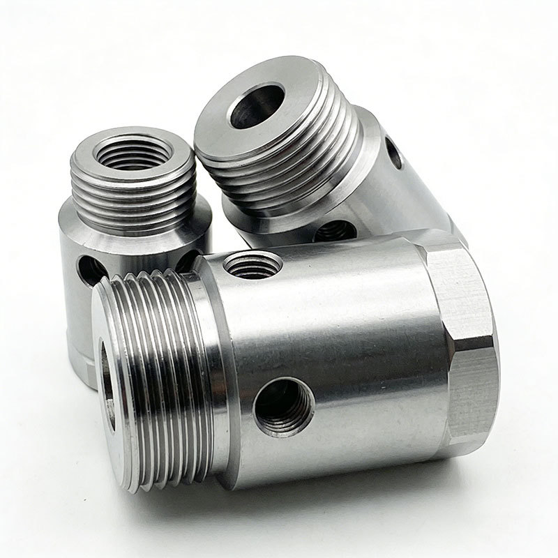 Turned stainless steel threaded valve bodies with cross-drilled ports and hex