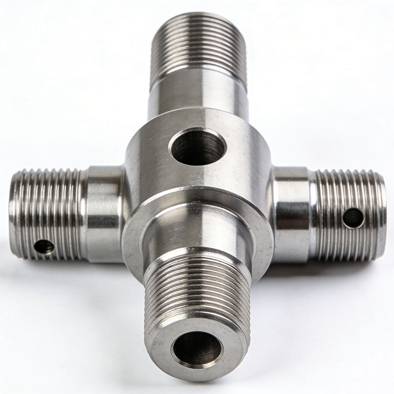 Turned stainless steel four-way cross fitting with external threads