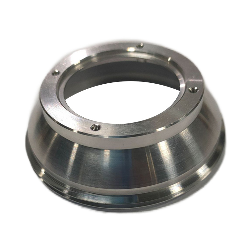 Turned stainless steel conical adapter ring with tapped holes