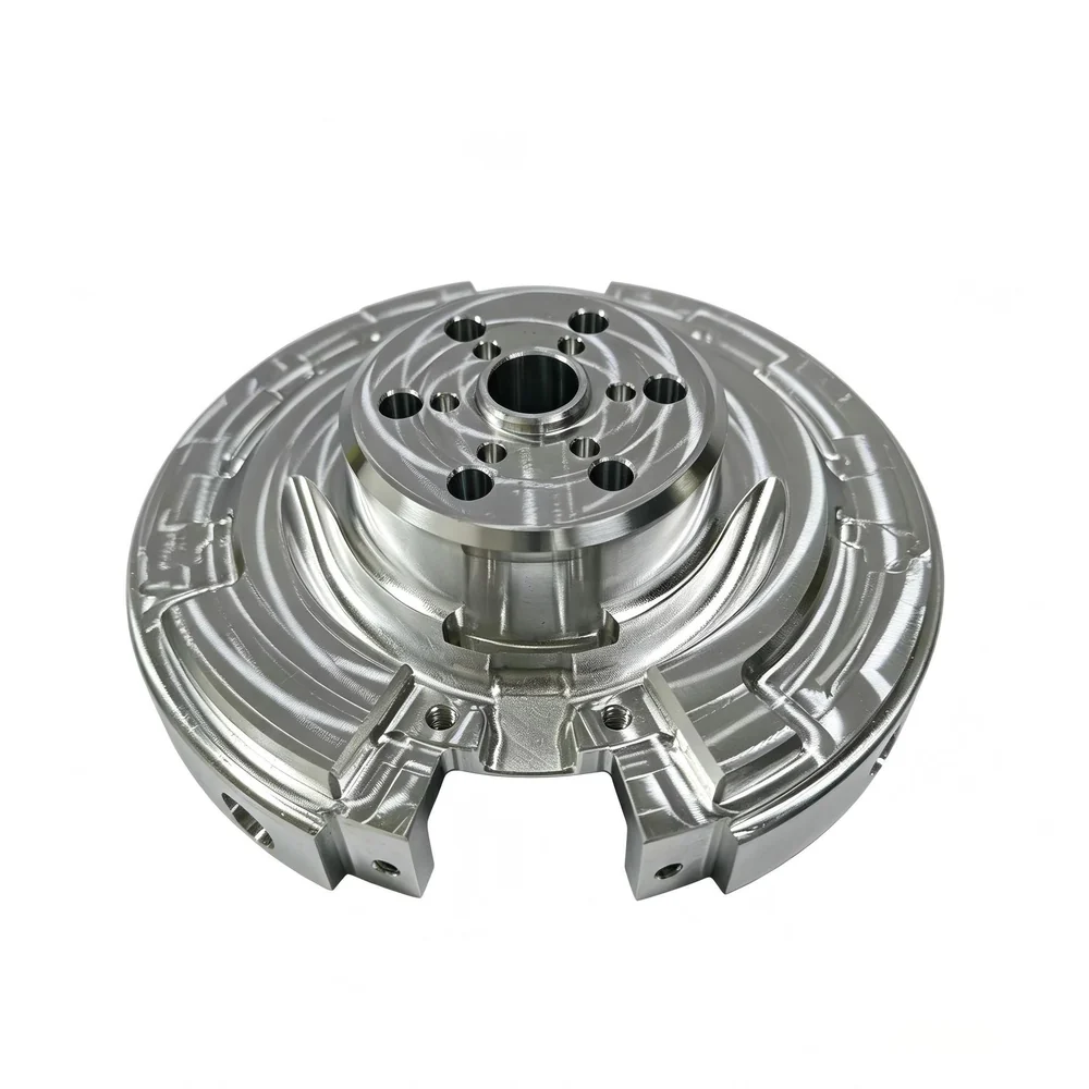 Machined aluminium disc hub with a bored centre, bolt holes and curved ribs &ndash; GY Machining