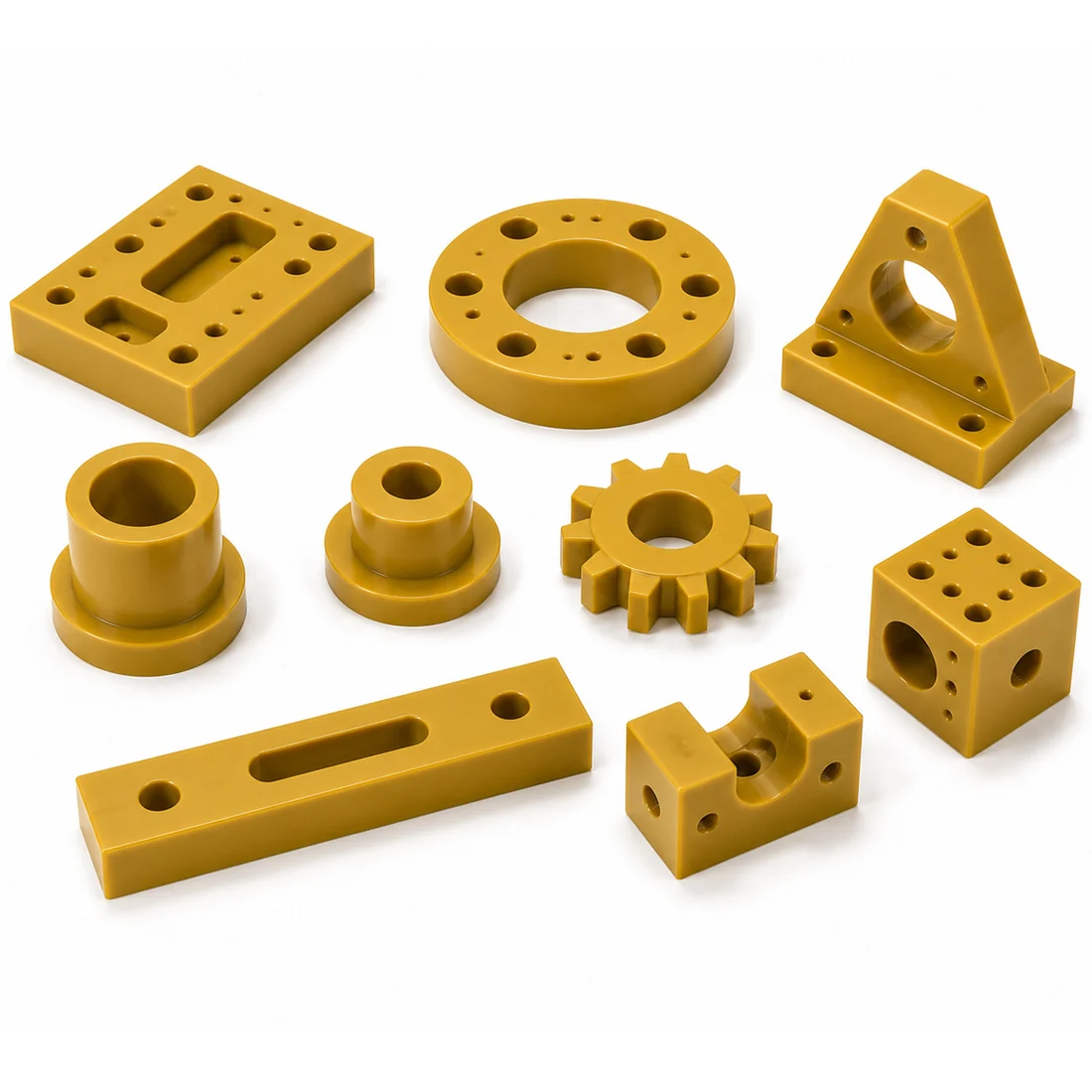 Group of CNC machined Torlon PAI parts &ndash; flange, bushings, gear, blocks and brackets &ndash; GY Machining