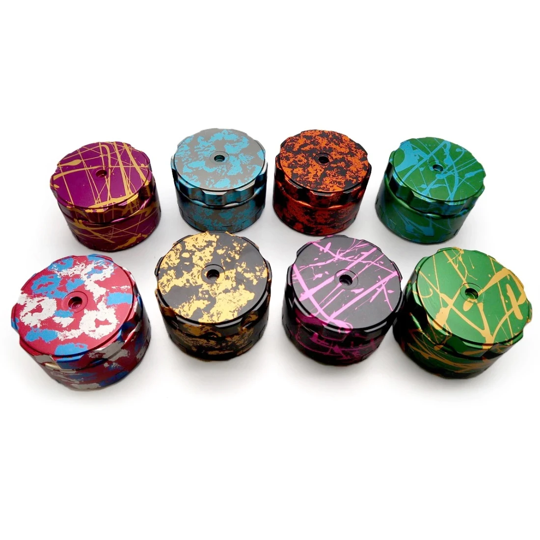 Aluminium parts anodised in eight two-tone splatter patterns