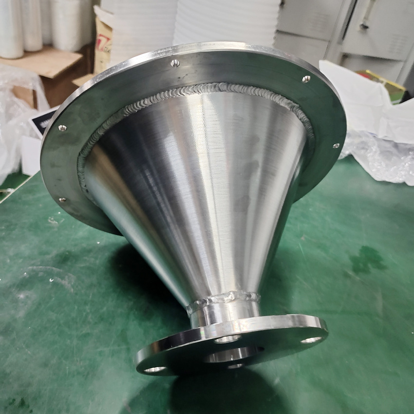 CNC machined stainless steel conical hopper with a bolted flange, machined by GY Machining