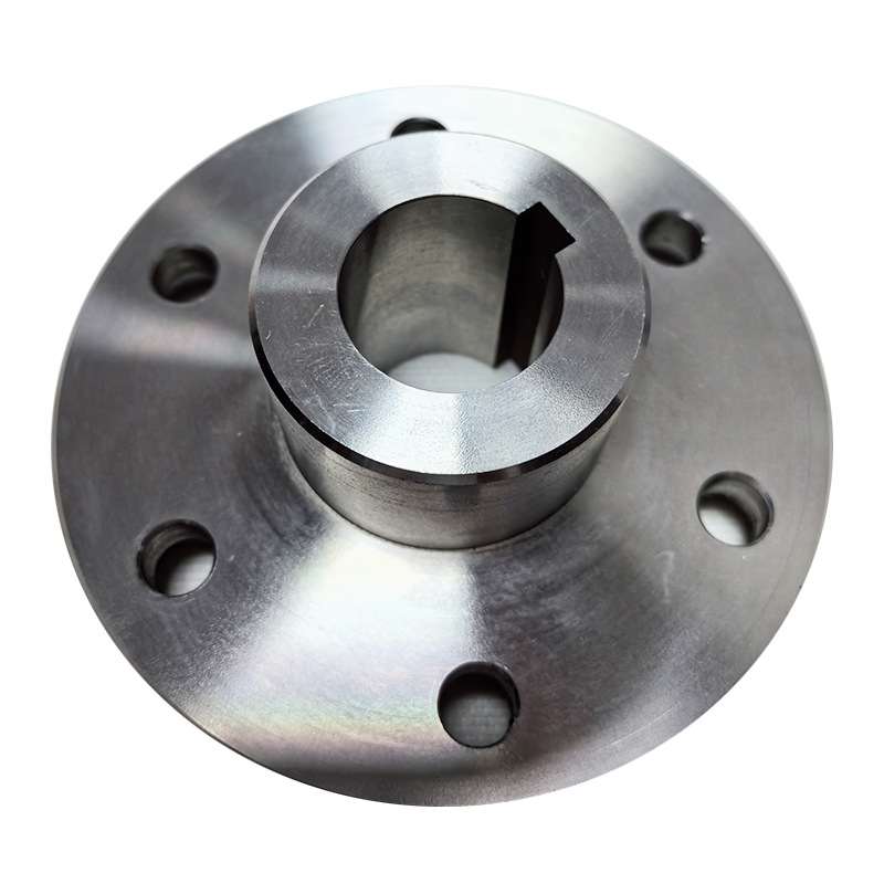 CNC machined stainless steel flange hub with a keyed bore and bolt circle, machined by GY Machining