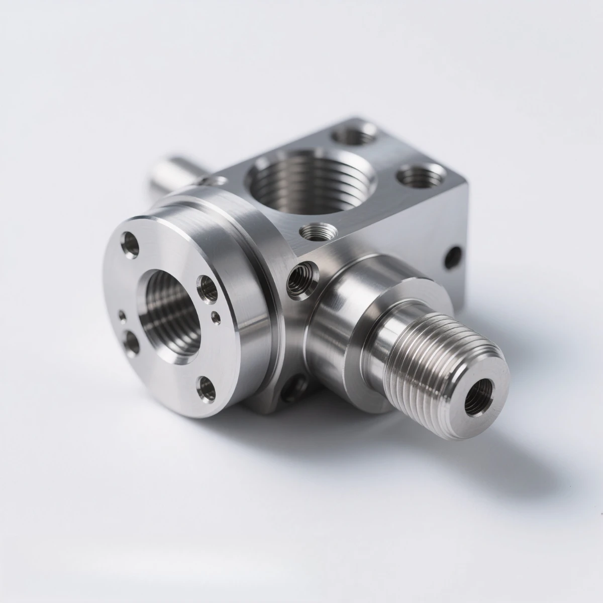 CNC machined stainless steel valve body with threaded ports, a bolted side flange and a tapered outlet, produced at GY Machining in Dongguan