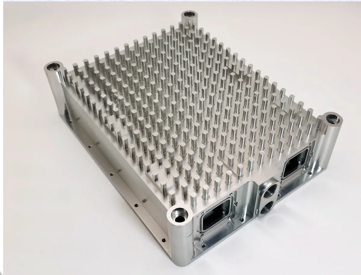 Pin-fin heat sink chassis for telecom equipment, milled from 6061 aluminium