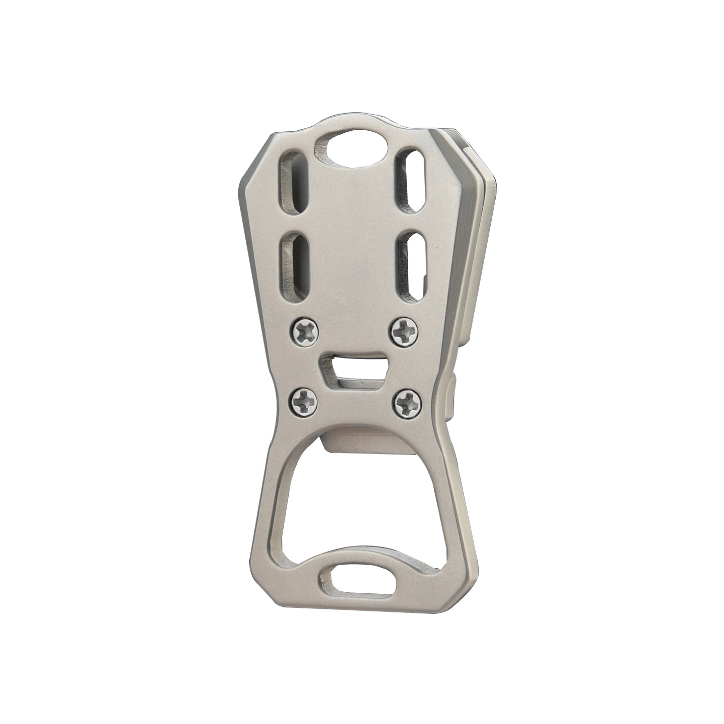 Titanium belt clip bottle opener, bead blasted finish