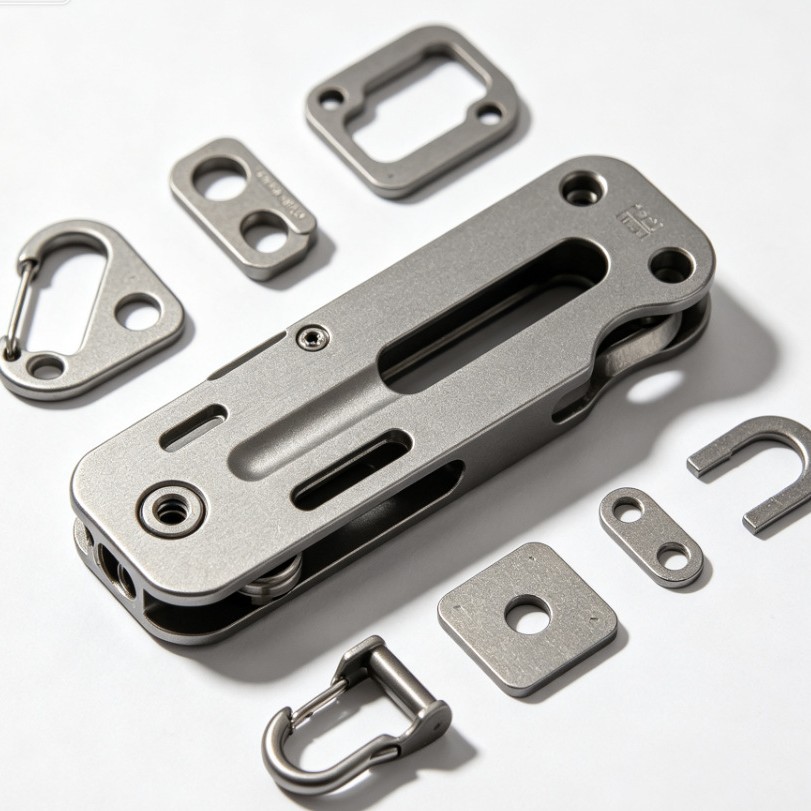 Titanium EDC tool body with machined plates, shackles and hardware