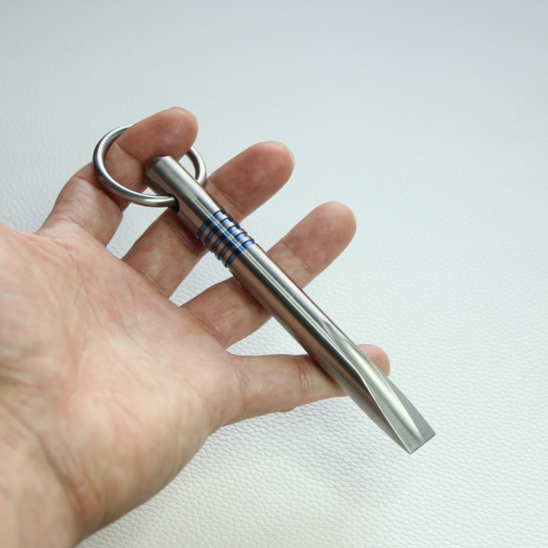 Machined titanium keychain pry bar with anodised rings