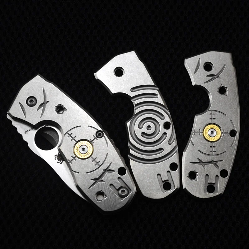 Three titanium knife scales with engraved and milled surface patterns