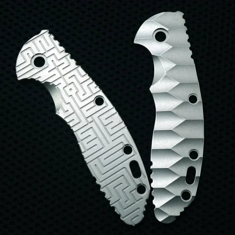 CNC machined titanium knife scales with milled surface patterns