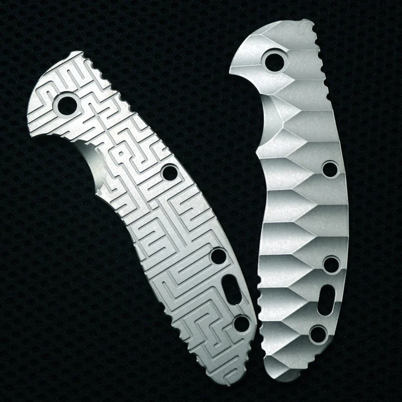 CNC machined titanium knife scales with milled surface patterns