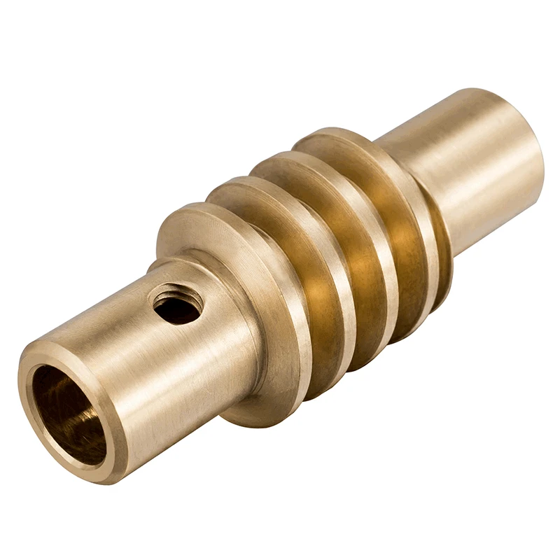 Turned brass worm shaft with thread-milled worm, bore and cross-drilled hole