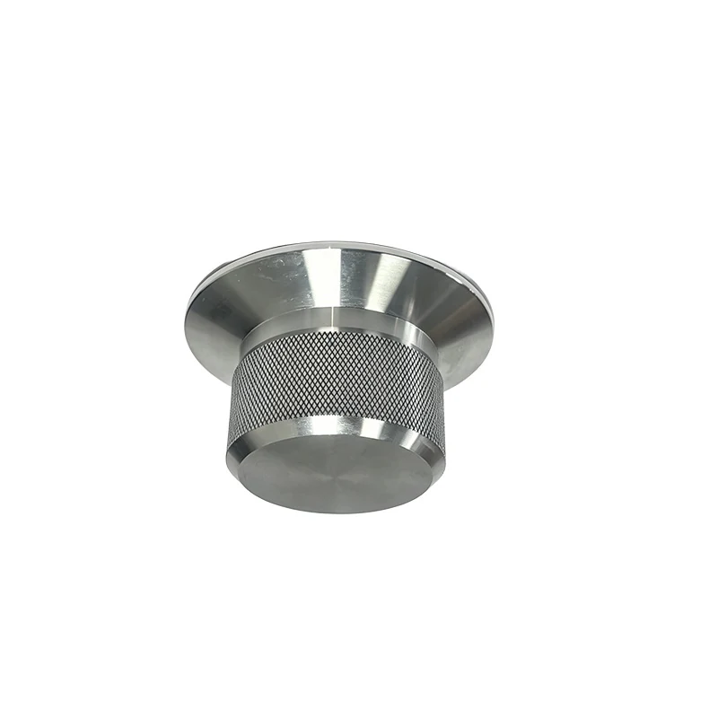 Turned stainless steel flanged cap with a diamond knurled band